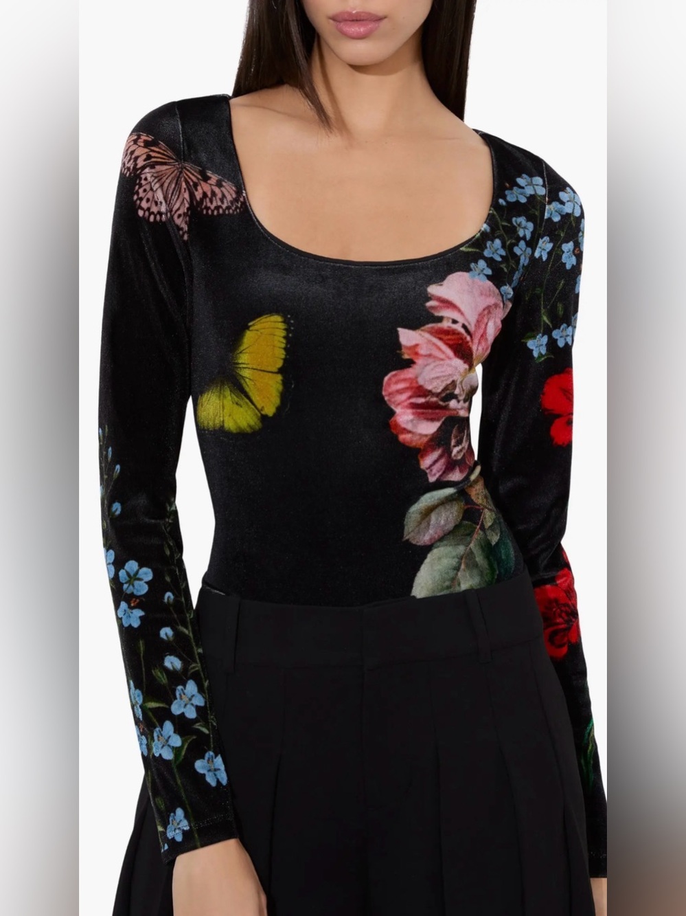 Alice + Olivia Delaina Floral Butterfly Velvet Scoop Neck Top NWT Medium $275